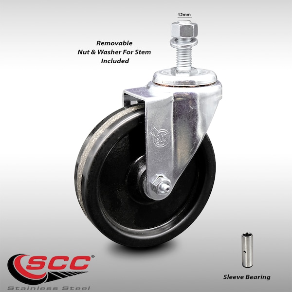 5 Inch SS Phenolic Wheel Swivel 12mm Threaded Stem Caster